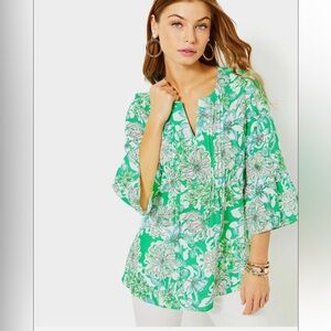Lilly Pulitzer tunic top Hollie Linen "Spearmint Blossom Views" print Sz Large